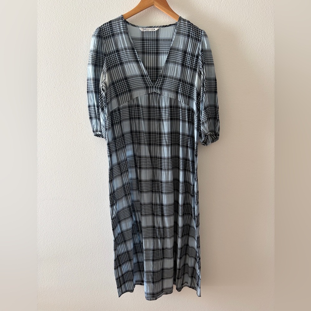 Zara Black and White Plaid Long Sleeve Dress